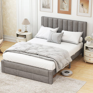 Queen Size Bed Frame with Storage Drawer and Vertical Channel Headboard-Gray view 5