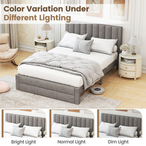 Queen Size Bed Frame with Storage Drawer and Vertical Channel Headboard-Gray view 9