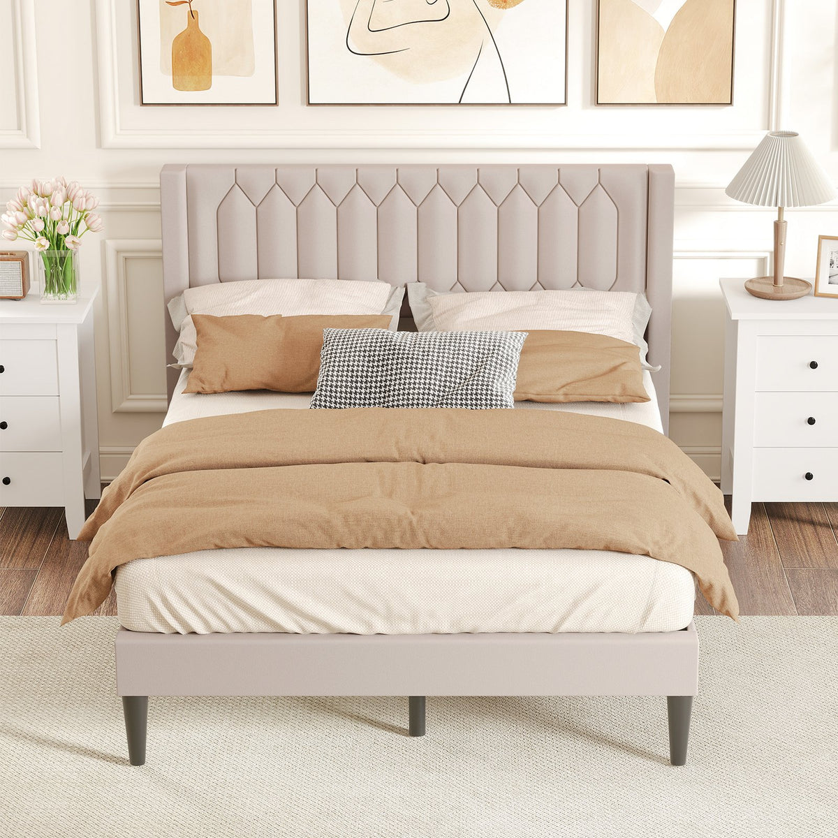 Queen Size Dutch Velvet/Linen Fabric Upholstered Platform Bed with Wingback Headboard and Wooden Slat Support-Beige view 2