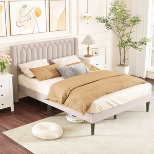 Queen Size Dutch Velvet/Linen Fabric Upholstered Platform Bed with Wingback Headboard and Wooden Slat Support-Beige view 3