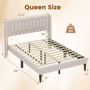 Queen Size Dutch Velvet/Linen Fabric Upholstered Platform Bed with Wingback Headboard and Wooden Slat Support-Beige view 4