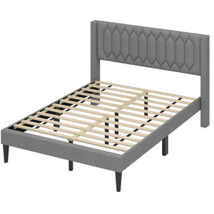 Queen Size Dutch Velvet/Linen Fabric Upholstered Platform Bed with Wingback Headboard and Wooden Slat Support-Gray、