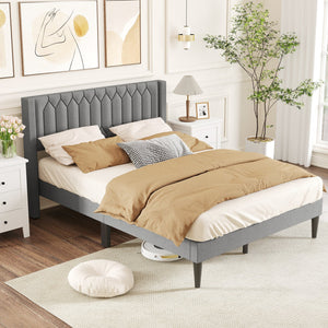 Queen Size Dutch Velvet/Linen Fabric Upholstered Platform Bed with Wingback Headboard and Wooden Slat Support-Gray、 view 2