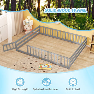 Queen Size Floor Bed Kids Montessori Bed Frame with Full Length Safety Guardrails-Gray view 7