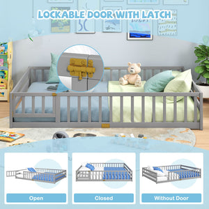 Queen Size Floor Bed Kids Montessori Bed Frame with Full Length Safety Guardrails-Gray view 9