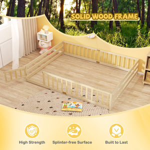 Queen Size Floor Bed Kids Montessori Bed Frame with Full Length Safety Guardrails-Natural view 7
