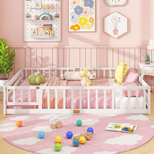 Queen Size Floor Bed Kids Montessori Bed Frame with Full Length Safety Guardrails-White view 3