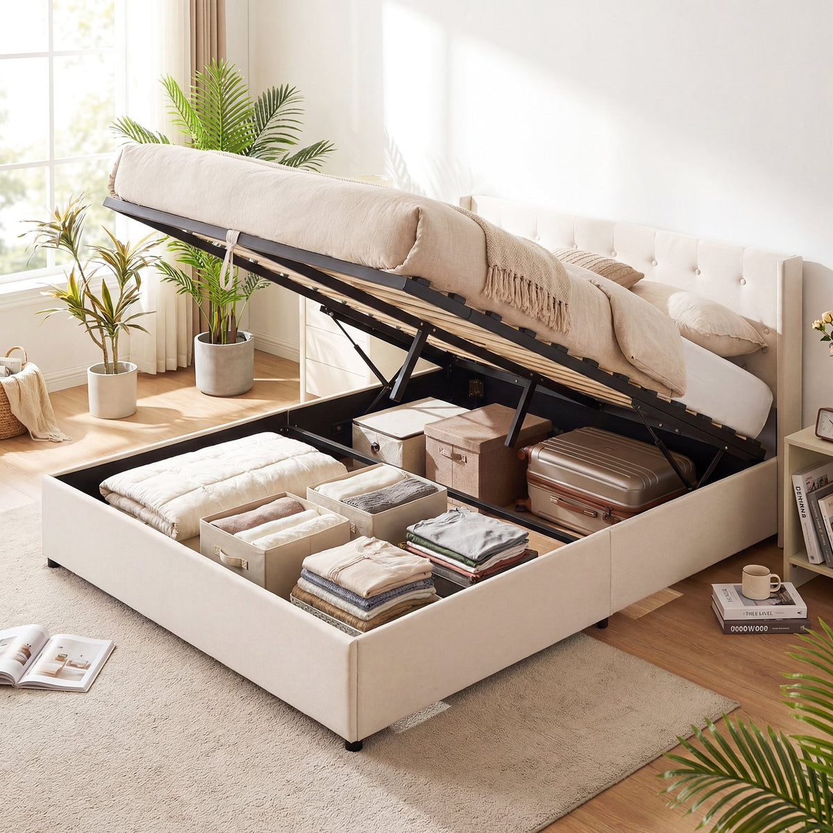 Queen Size Lift-up Storage Bed Modern Linen Upholstered Platform Bed-Beige view 2