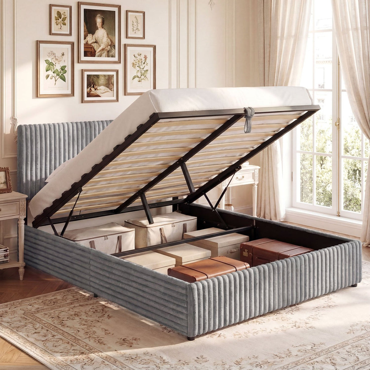 Queen Size Lift-up Storage Bed with Wooden Slat Support-Gray view 2