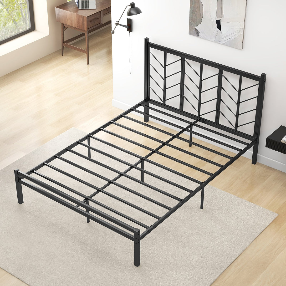 Queen Size Platform Bed with Headboard and Metal Frame-Queen Size view 2