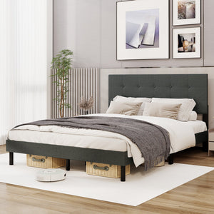 Queen Size Upholstered Bed Frame Linen Platform Bed-Dark Gray view 2