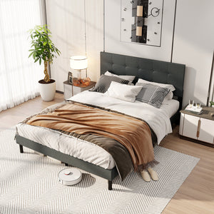 Queen Size Upholstered Bed Frame Linen Platform Bed-Dark Gray view 3