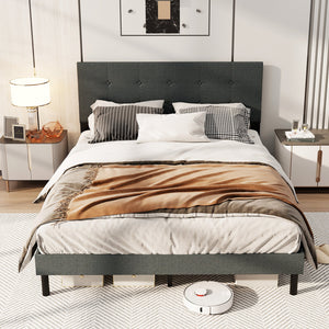 Queen Size Upholstered Bed Frame Linen Platform Bed-Dark Gray view 5