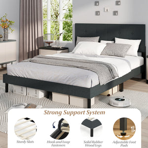 Queen Size Upholstered Bed Frame Linen Platform Bed-Dark Gray view 9