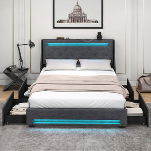 Queen Size Upholstered Platform Bed Frame with LED Lights and Charging Station-Grey view 2