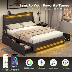 Queen Size Upholstered Platform Bed Frame with LED Lights and Charging Station-Grey view 6