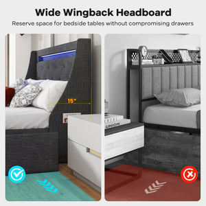 Queen Size Upholstered Platform Bed Frame with LED Lights and Charging Station-Grey view 8