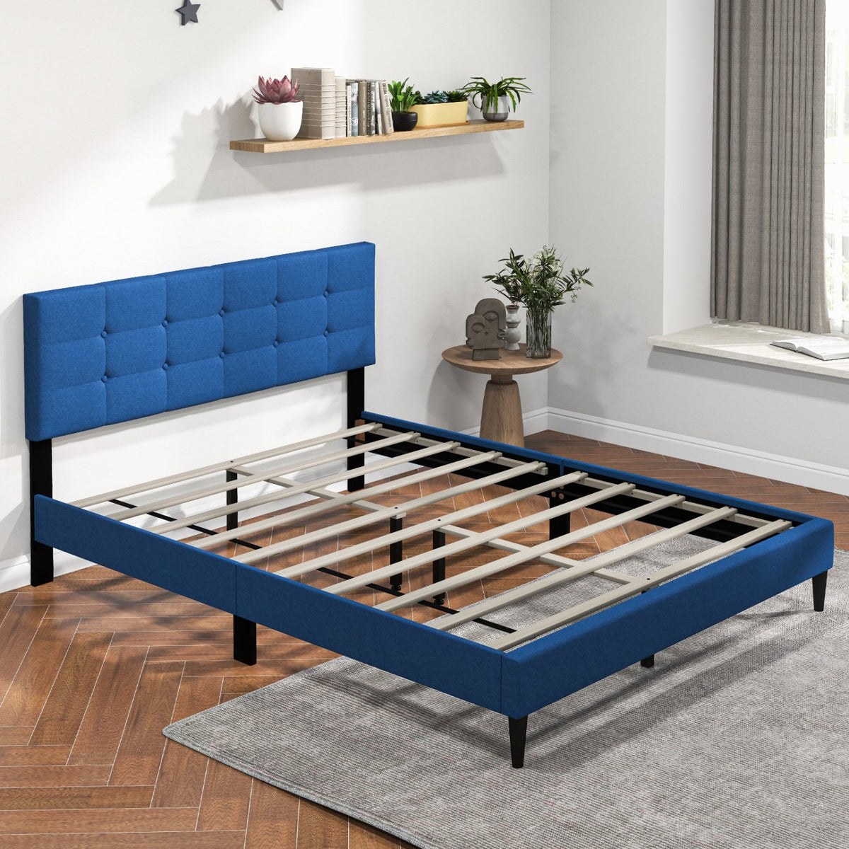 Queen Size Upholstered Platform Bed with Button Tufted Headboard-Blue view 2