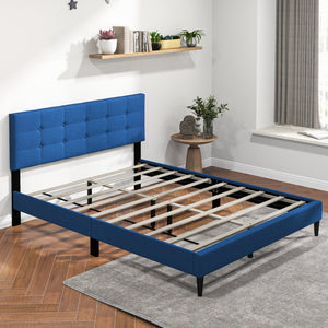 Queen Size Upholstered Platform Bed with Button Tufted Headboard-Blue view 2