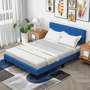 Queen Size Upholstered Platform Bed with Button Tufted Headboard-Blue view 3