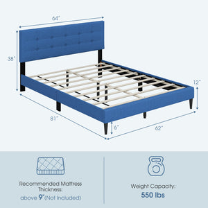 Queen Size Upholstered Platform Bed with Button Tufted Headboard-Blue view 5