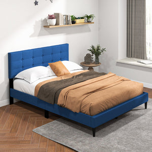 Queen Size Upholstered Platform Bed with Button Tufted Headboard-Blue view 7