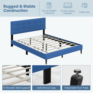 Queen Size Upholstered Platform Bed with Button Tufted Headboard-Blue view 8