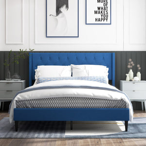 Queen Size Upholstered Platform Bed with Button Tufted Wingback Headboard-Blue view 2