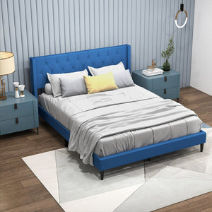 Queen Size Upholstered Platform Bed with Button Tufted Wingback Headboard-Blue view 3