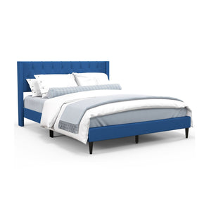 Queen Size Upholstered Platform Bed with Button Tufted Wingback Headboard-Blue view 4