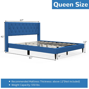 Queen Size Upholstered Platform Bed with Button Tufted Wingback Headboard-Blue view 5
