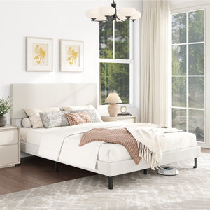 Queen Size Velvet Bed Frame Upholstered Platform Bed with Chevron Headboard Beige view 2