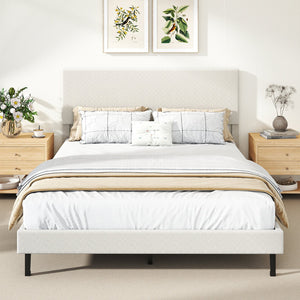 Queen Size Velvet Bed Frame Upholstered Platform Bed with Chevron Headboard Beige view 3