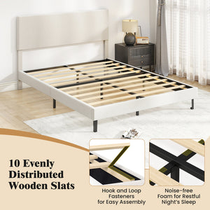 Queen Size Velvet Bed Frame Upholstered Platform Bed with Chevron Headboard Beige view 6
