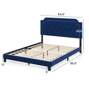 Queen Size Velvet Bed Frame with Button Tufted and Nailhead Trim Headboard-Queen Size view 4
