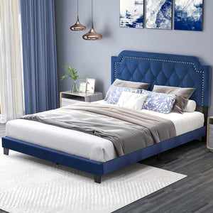 Queen Size Velvet Bed Frame with Button Tufted and Nailhead Trim Headboard-Queen Size view 5
