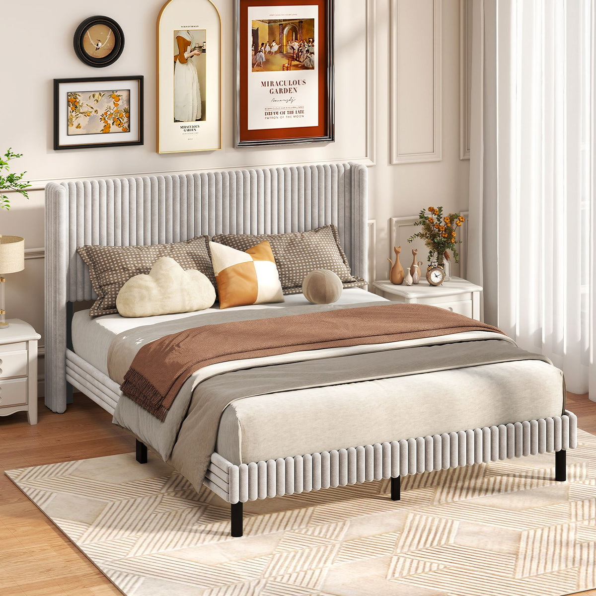 Queen Size Velvet Bed Frame with Vertical Channel Tufted Wingback Headboard-White view 2