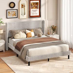 Queen Size Velvet Bed Frame with Vertical Channel Tufted Wingback Headboard-White view 2