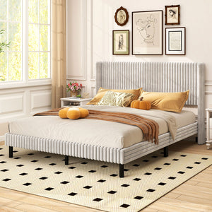 Queen Size Velvet Bed Frame with Vertical Channel Tufted Wingback Headboard-White view 3