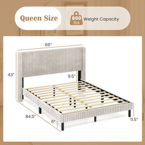 Queen Size Velvet Bed Frame with Vertical Channel Tufted Wingback Headboard-White view 4