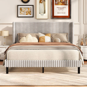 Queen Size Velvet Bed Frame with Vertical Channel Tufted Wingback Headboard-White view 5