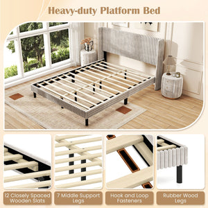 Queen Size Velvet Bed Frame with Vertical Channel Tufted Wingback Headboard-White view 6