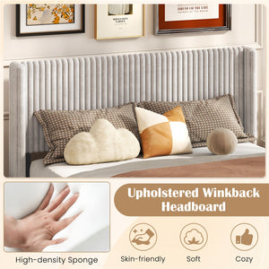 Queen Size Velvet Bed Frame with Vertical Channel Tufted Wingback Headboard-White view 7