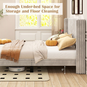 Queen Size Velvet Bed Frame with Vertical Channel Tufted Wingback Headboard-White view 8