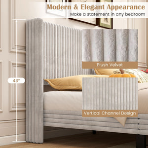 Queen Size Velvet Bed Frame with Vertical Channel Tufted Wingback Headboard-White view 9