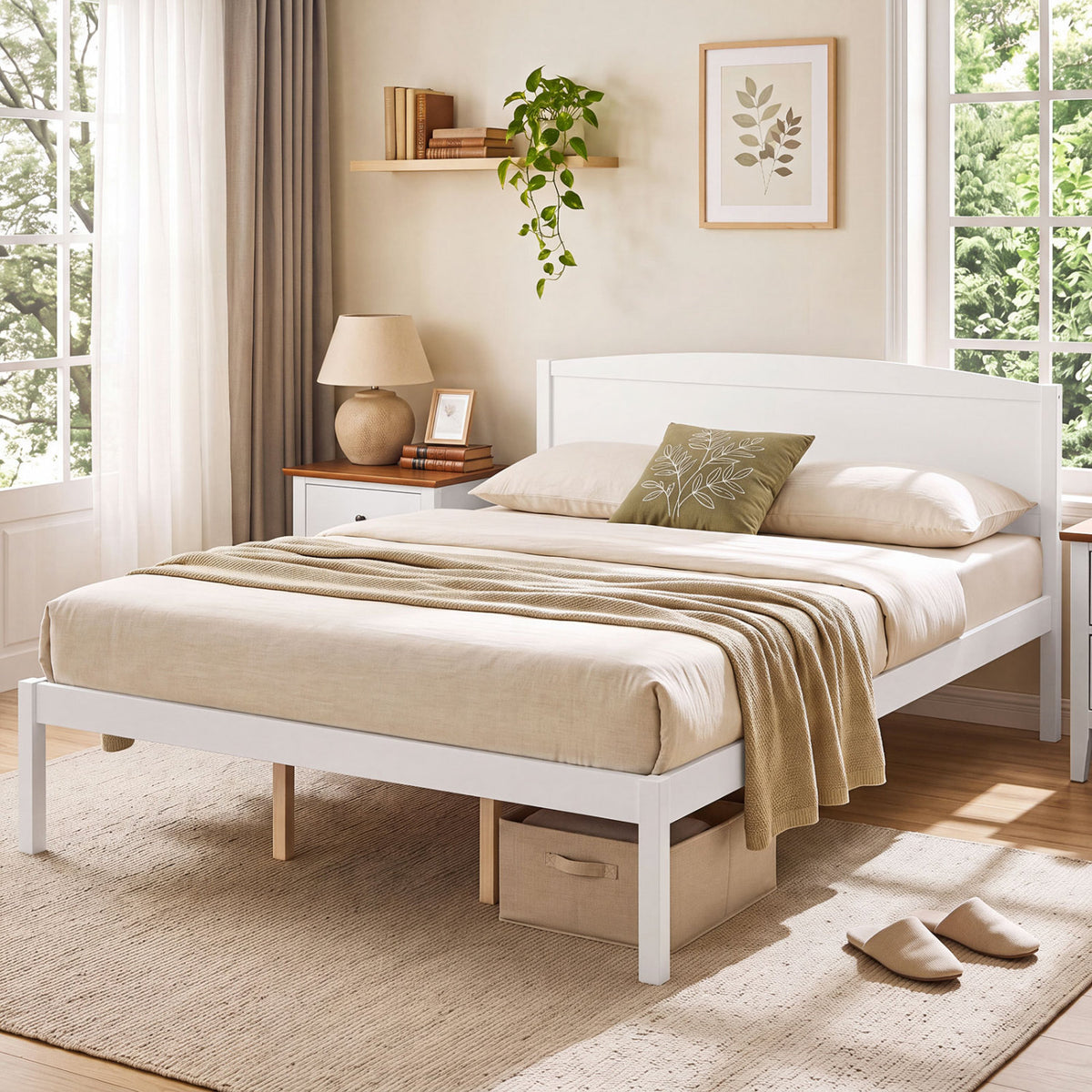 Queen Size Wooden Platform Bed Frame with Curved Headboard-White view 2