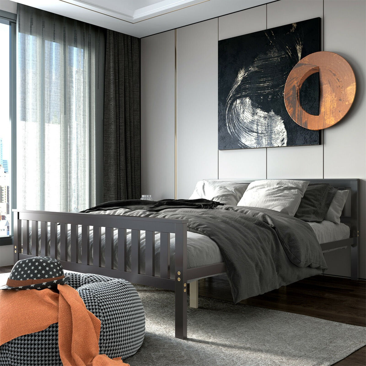 Queen Wood Platform Bed with Headboard view 2