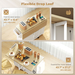 Kitchen Island with Storage, Rolling Kitchen Cart with Charging Station, Drop Leaf, Spice Rack, Towel Rack, Drawers