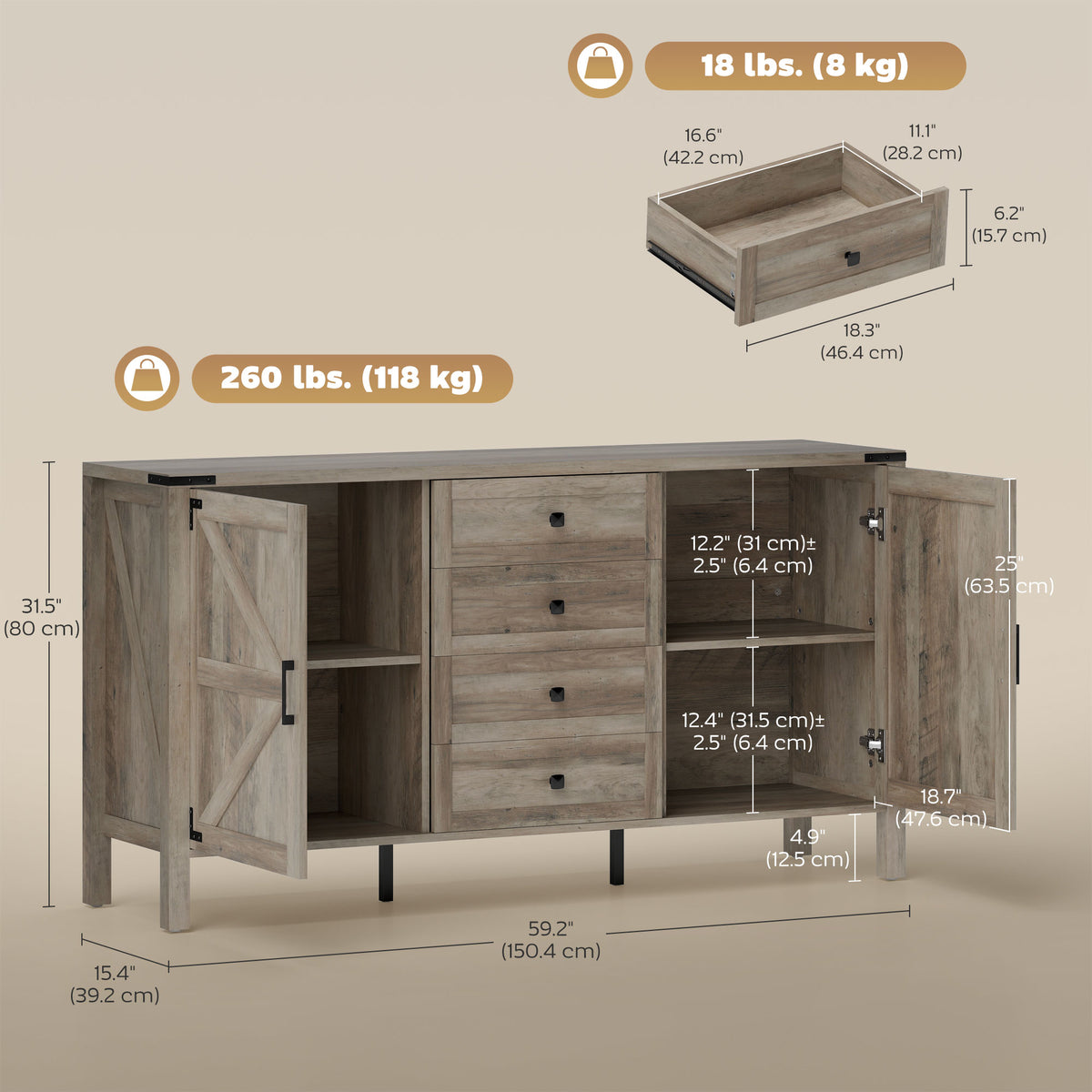 59" Buffet Cabinet, Farmhouse Sideboard with Thick Top, 2 Barn Doors, 4 Drawers and 2 Adjustable Shelves, Grey