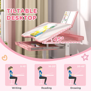 Qaba Height Adjustable Kids Desk and Chair Set with Tilt Desktop, Large Writing Board, Storage Drawer, Book Stand